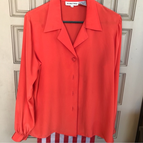 Regina Porter Sz12 Blouse Covered Buttons Long Sleeves Cuffs/Collar Orange Polye - Picture 5 of 8